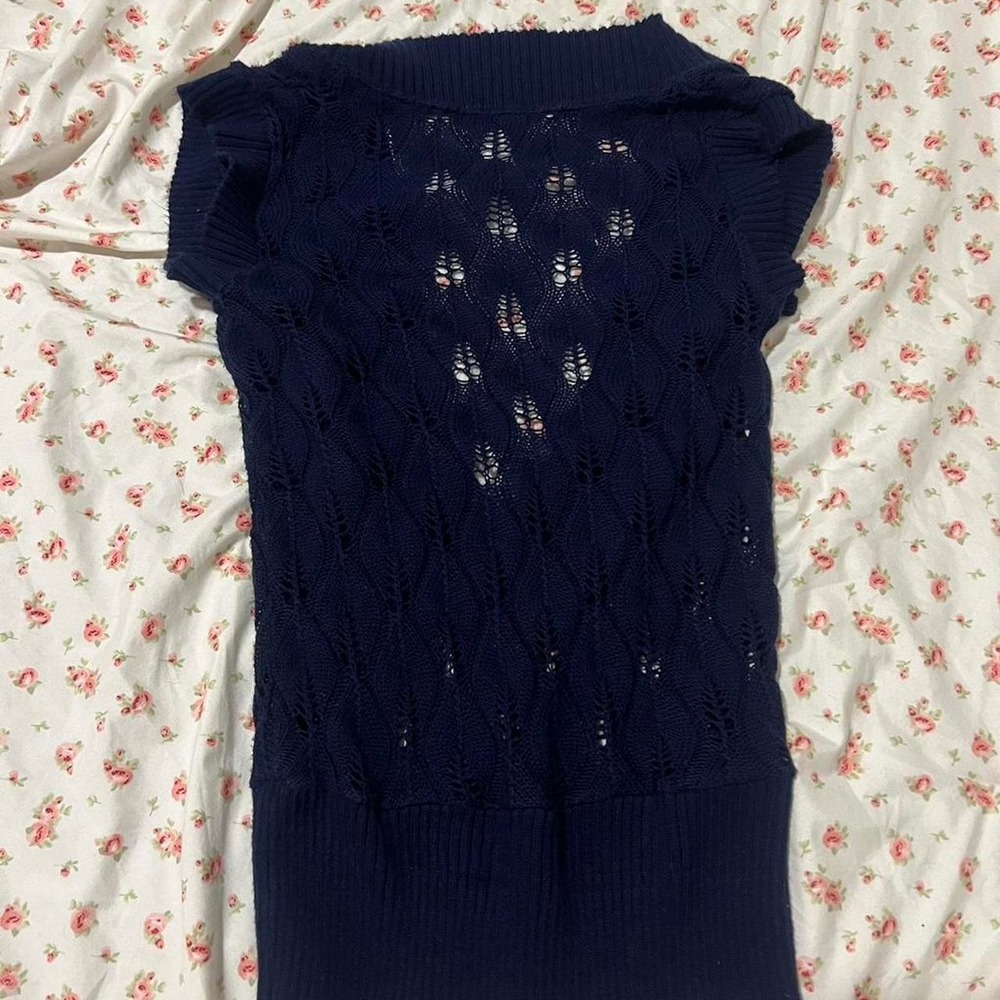 vintage navy blue open knit cardigan sleeveless top - Picture 4 of 4